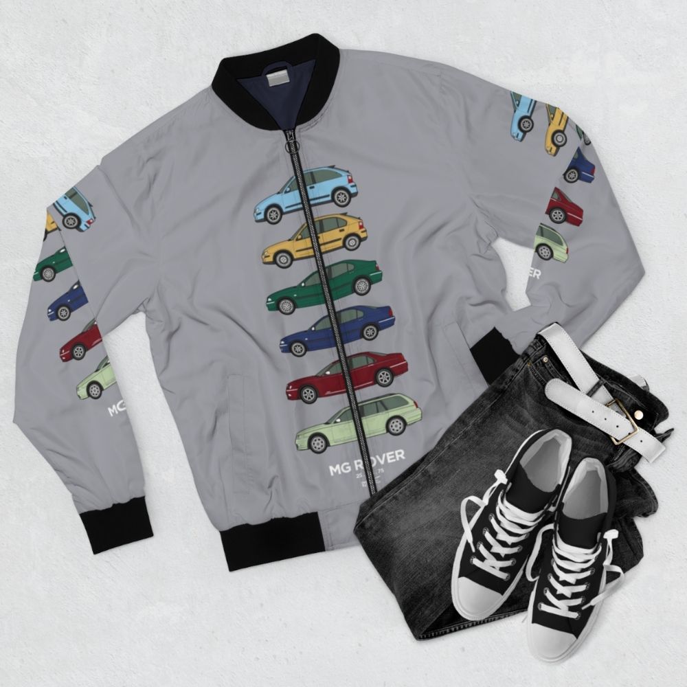 Classic Rover Cars Bomber Jacket with Retro Car Graphic Design - Flat lay