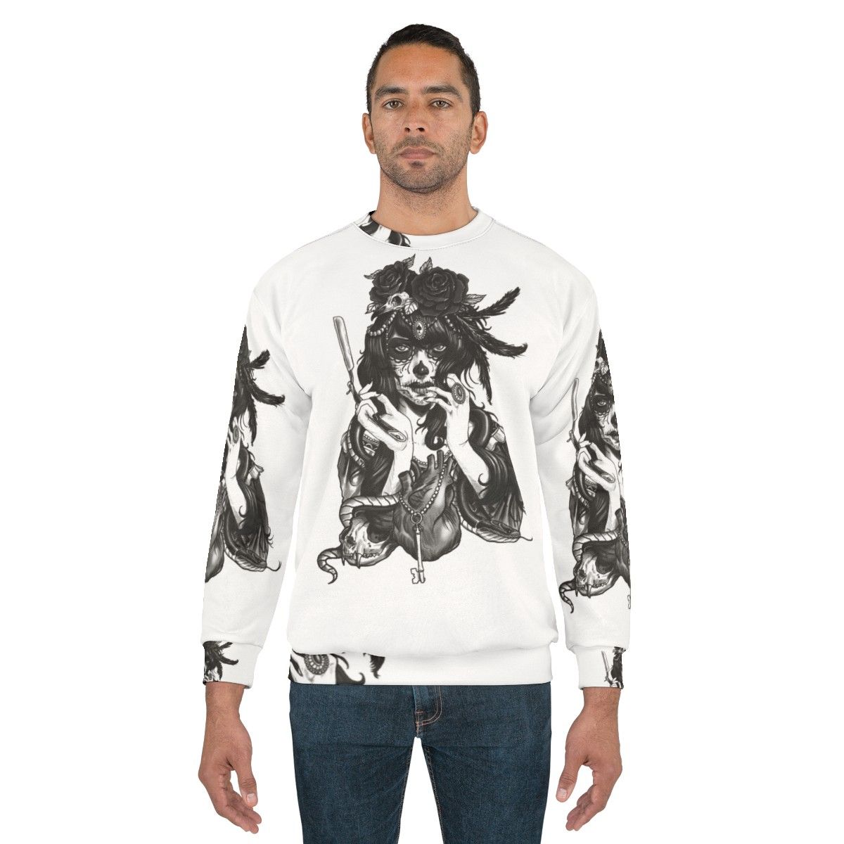 Dia de los muertos sugar skull sweatshirt featuring floral and tattoo design elements - men