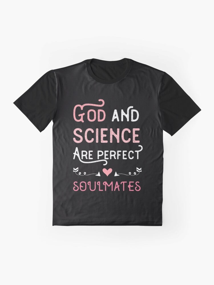 Graphic t-shirt design featuring the text "Believe in Science and God" with a Christian cross and religious symbols. - Flat lay