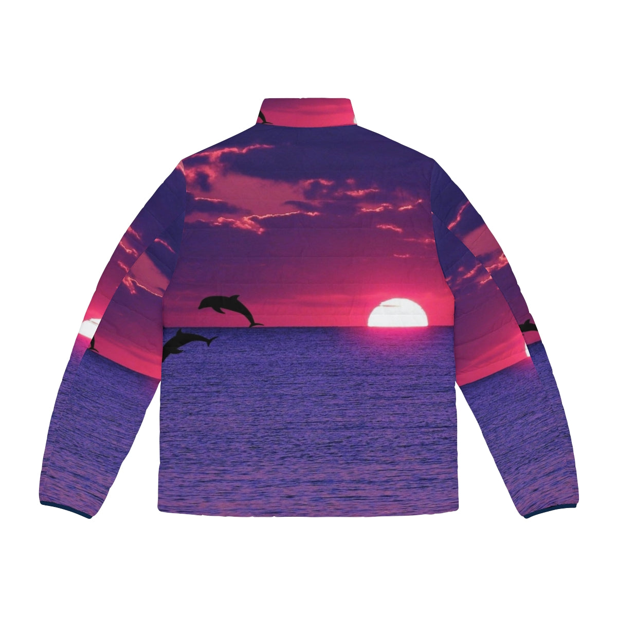 Puffer jacket featuring a beautiful beach sunset with a pink and purple sky and silhouetted dolphins - Back