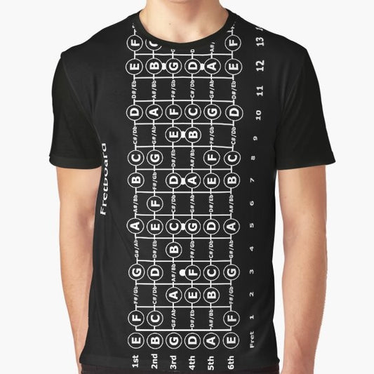 A black and white graphic t-shirt featuring a vertical guitar fretboard design, perfect for music lovers and guitarists.