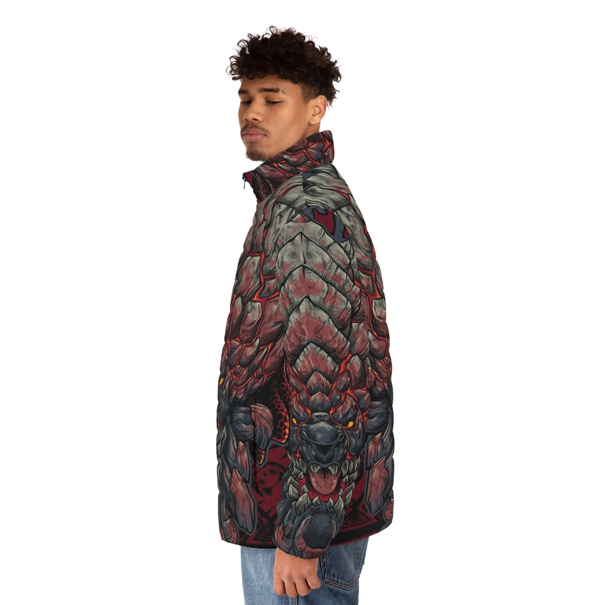 A warm and durable puffer jacket featuring the Bazelgeuse monster design, perfect for Monster Hunter fans. - men side left