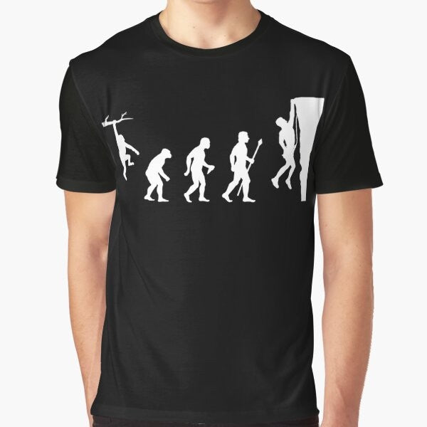 Rock climbing evolution graphic design t-shirt, featuring a funny climbing-themed design