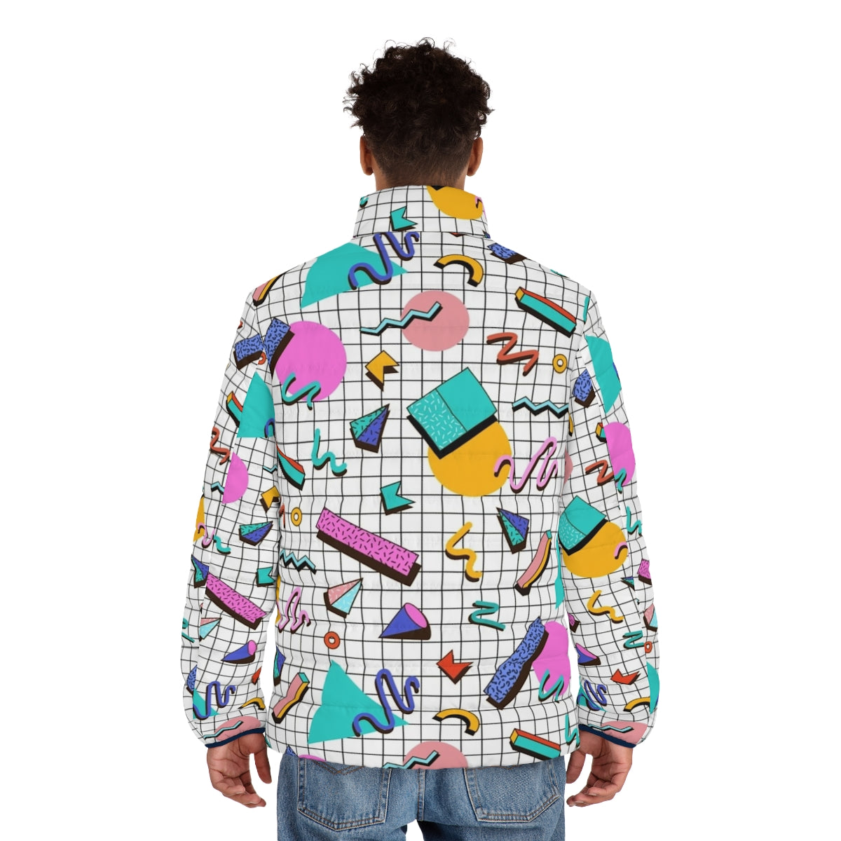 Funky 80s puffer jacket with colorful retro memphis pattern design - men back