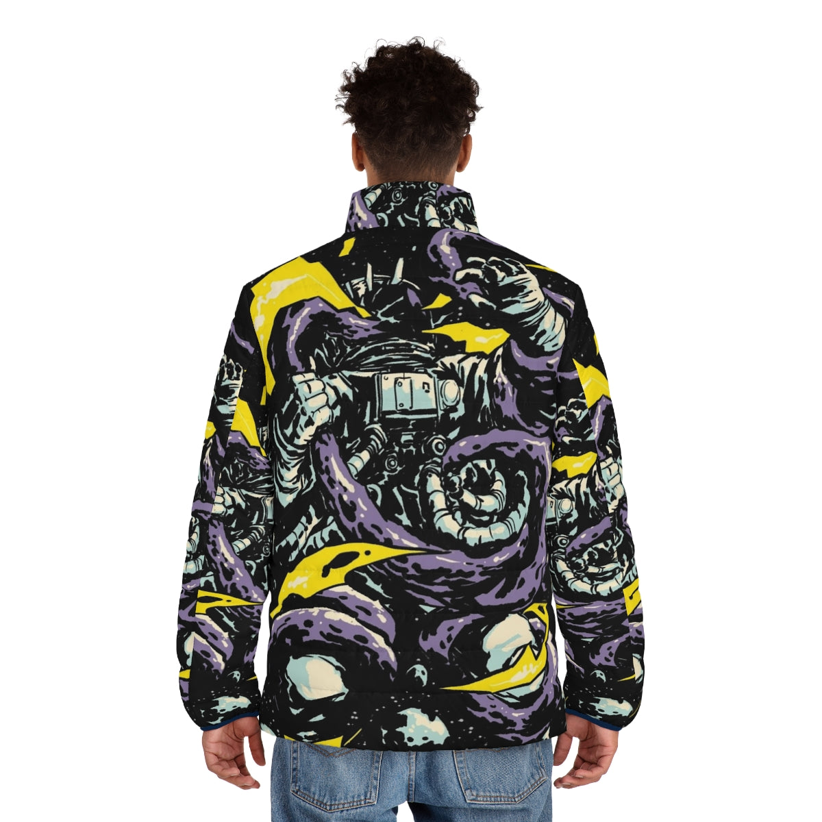 Intergalactic Space Trap Puffer Jacket featuring an astronaut, alien, and cosmic creatures in a digital art style - men back