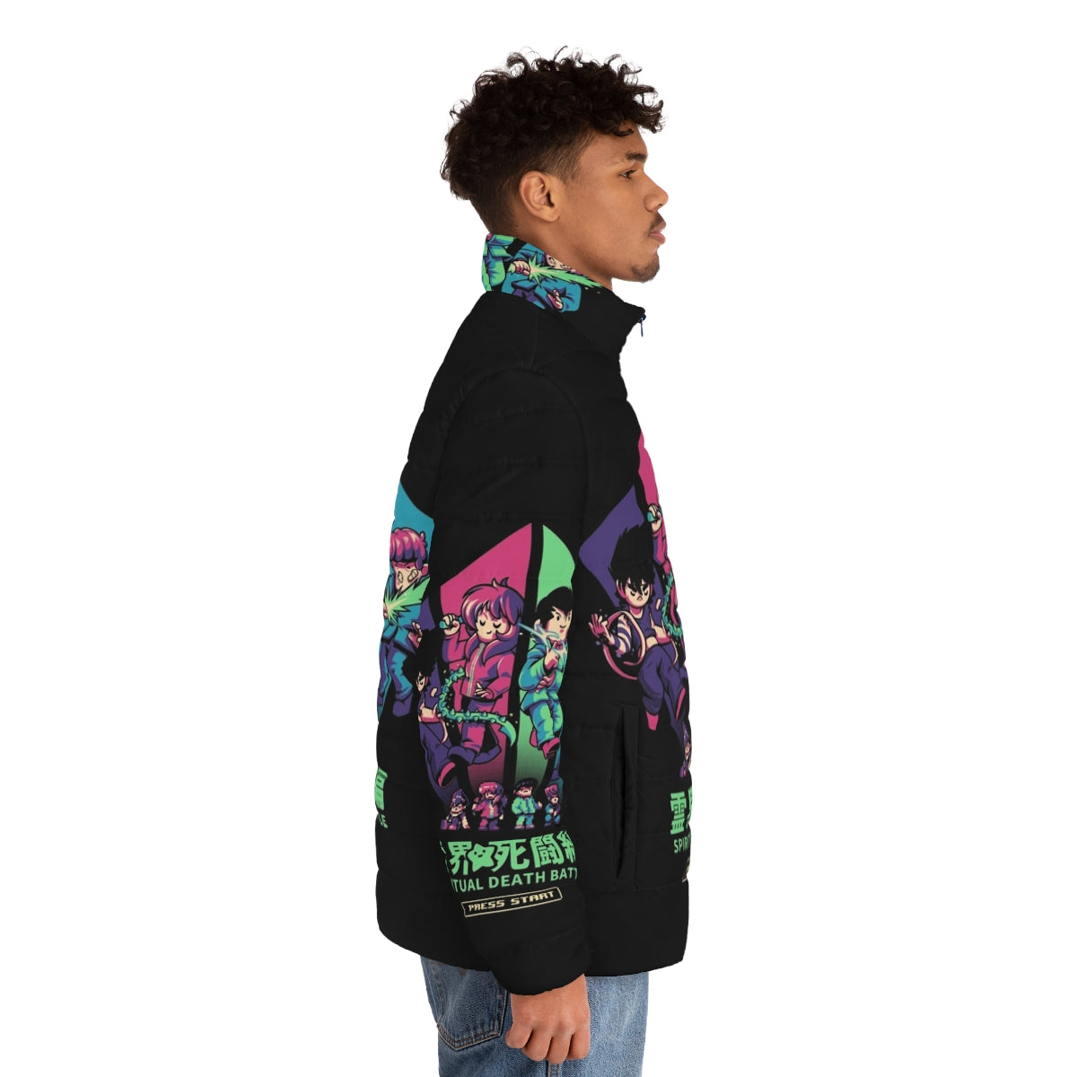 Spiritual Battle Puffer Jacket with anime-inspired 90s pixelart design - men side right