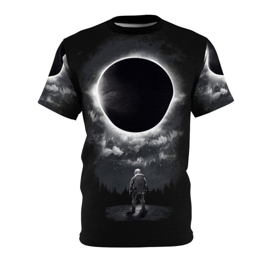 Celestial Eclipse: A striking space-themed graphic t-shirt featuring a cosmic design with moon, sun, stars, and other astronomical elements.