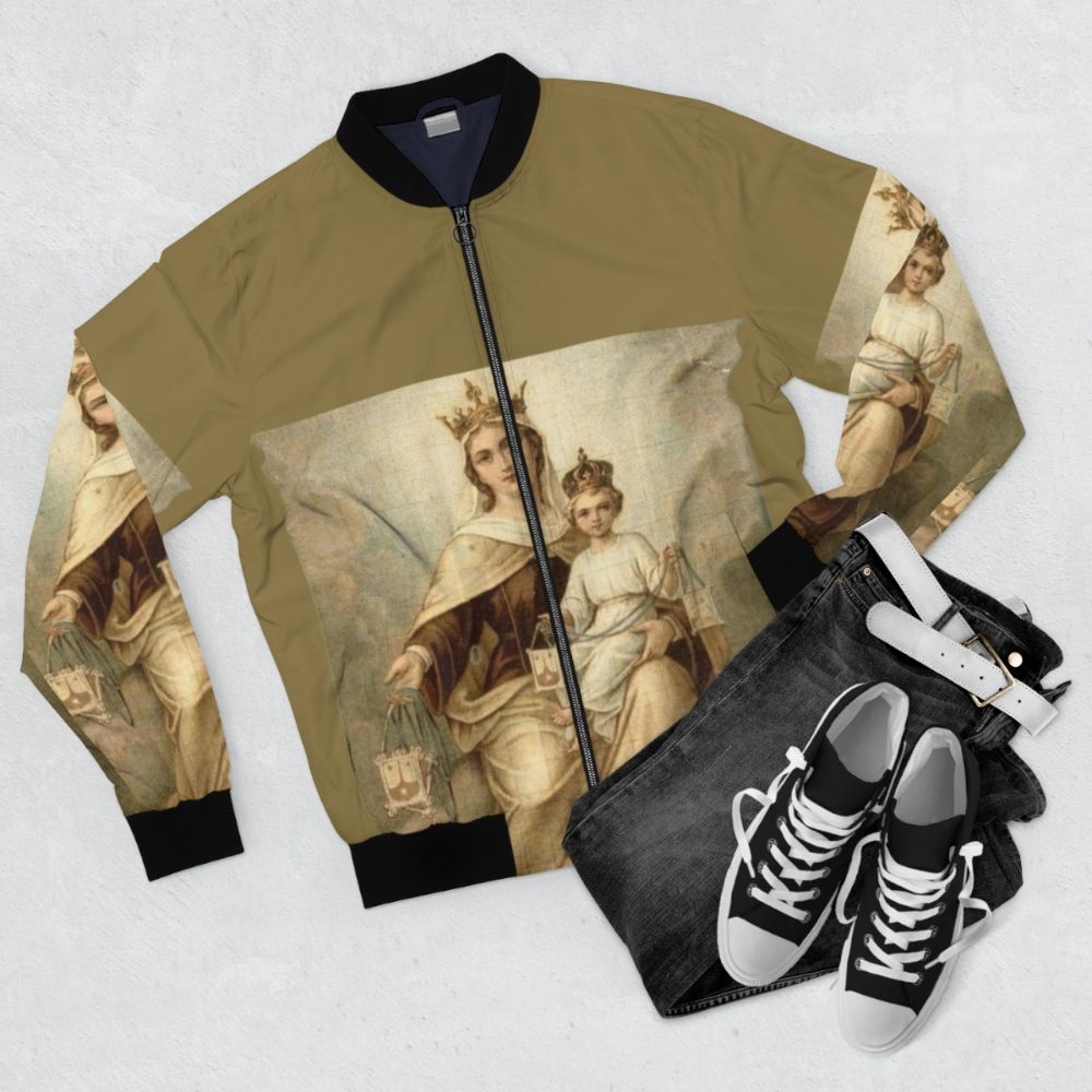 Our Lady of Mount Carmel Catholic Bomber Jacket with religious imagery and symbols - Flat lay