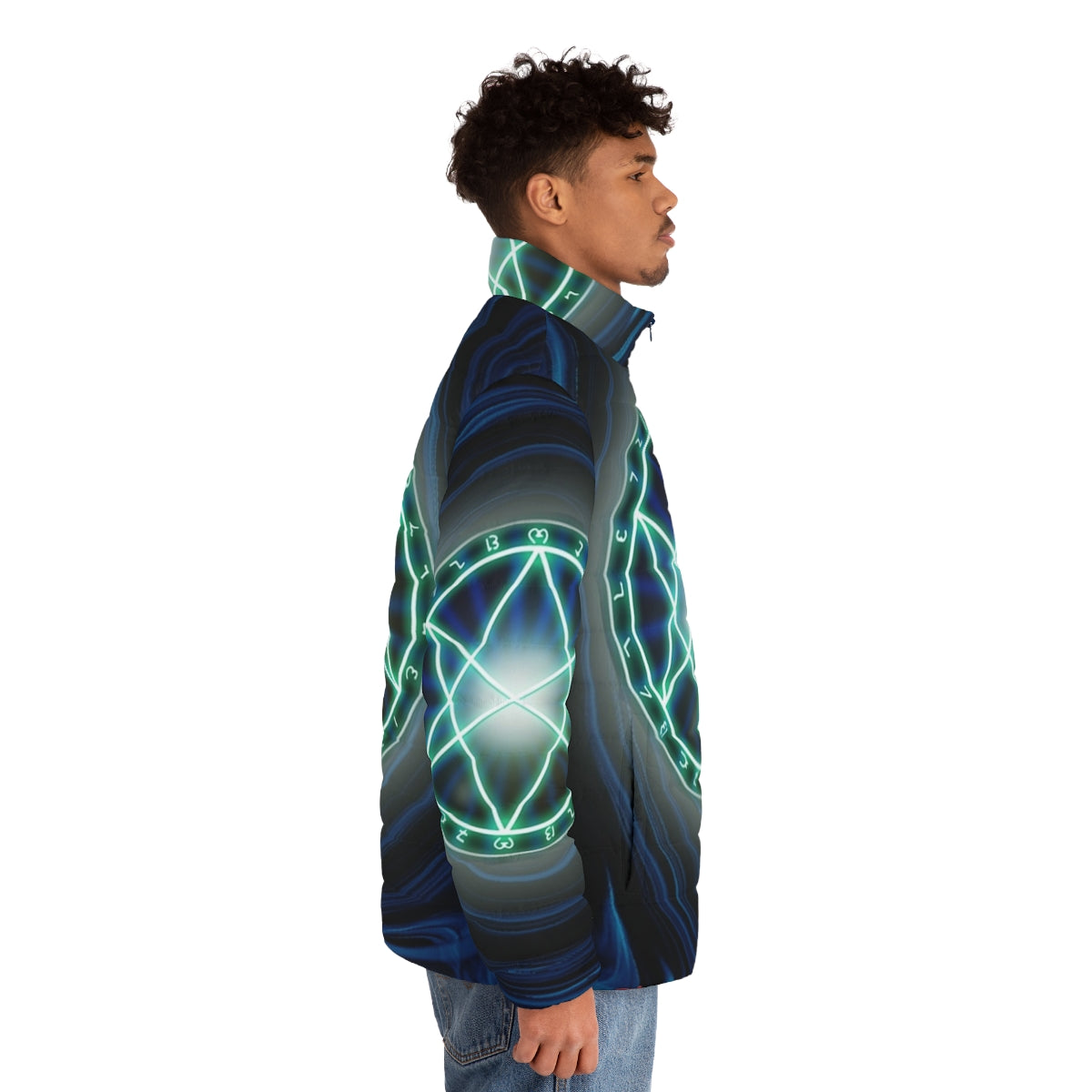 The Seal of Orichalcos puffer jacket, featuring iconic Yu-Gi-Oh! imagery - men side right