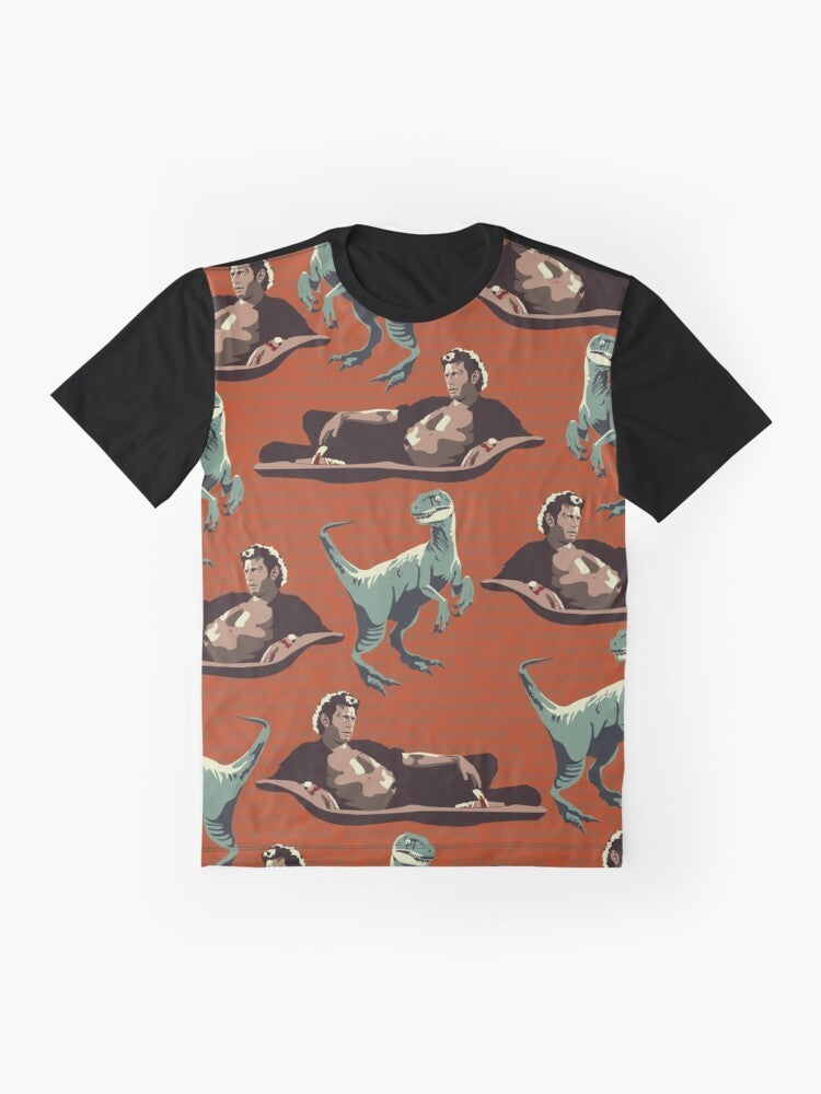 Jurassic Geniuses Graphic T-Shirt featuring a Jurassic Park inspired design with dinosaur DNA sequence pattern and Jeff Goldblum's character. - Flat lay