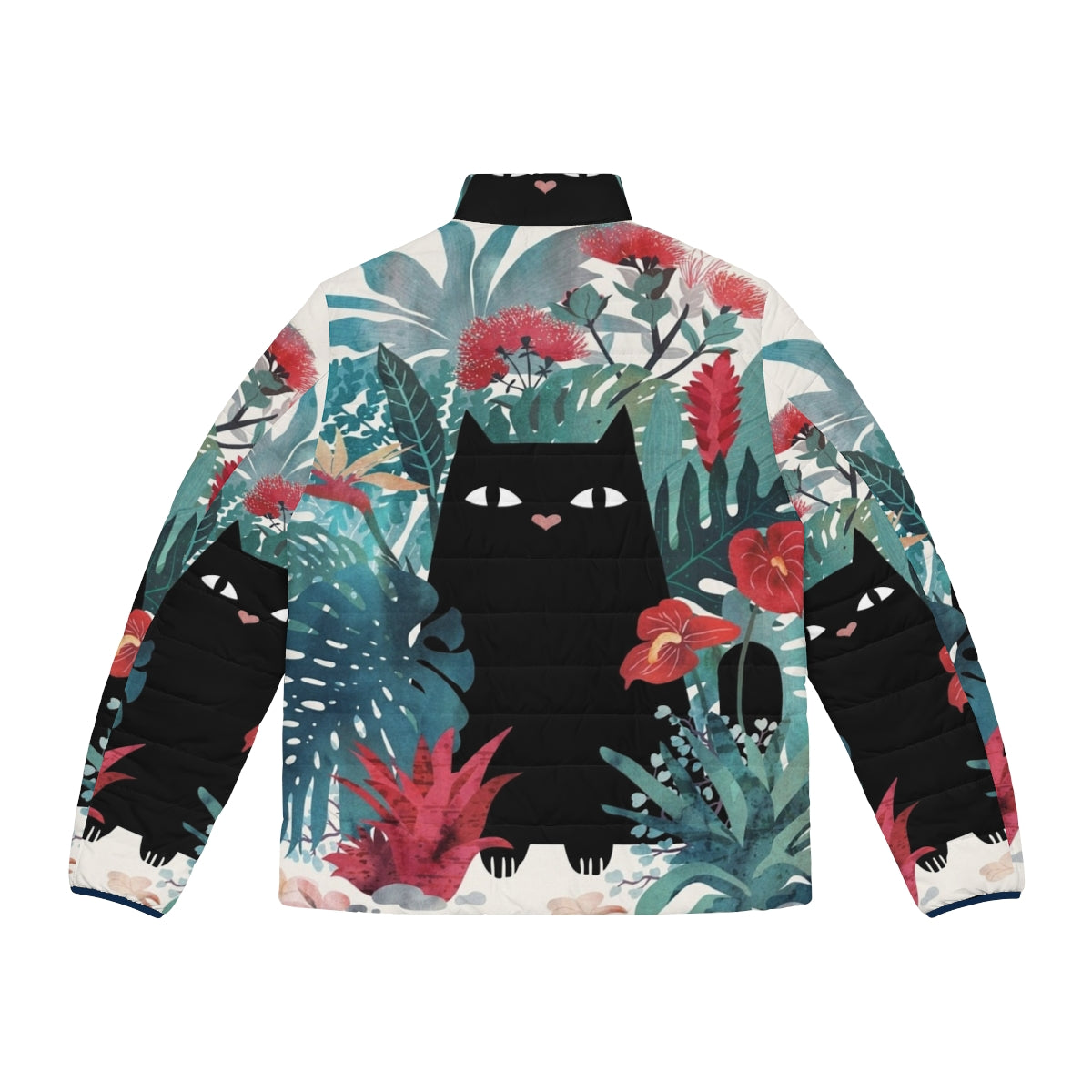 Black cat wearing a puffer jacket with tropical floral design - Back