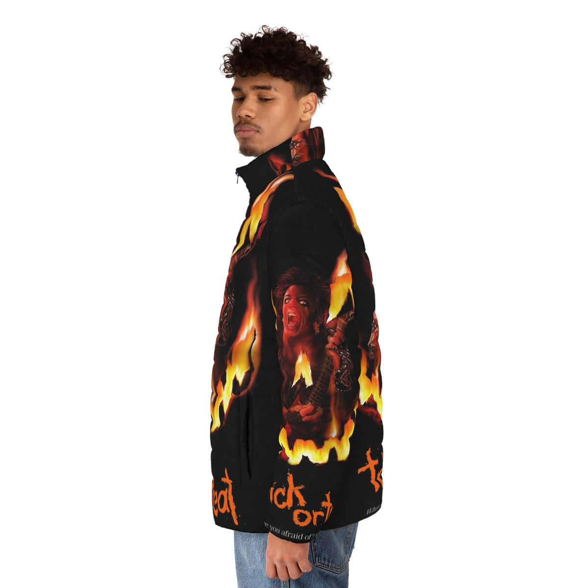 Trick Or Treat Puffer Jacket, a retro-inspired rock 'n' roll Halloween puffer jacket - men side left