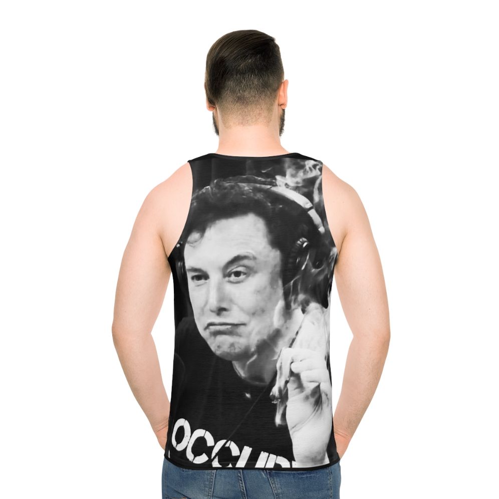 Unisex tank top with Elon Musk inspired smoking design - men back