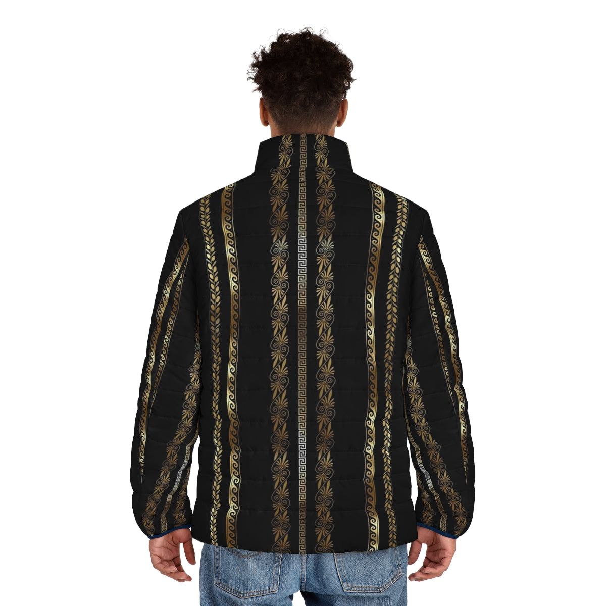 Gold puffer jacket with Greek key pattern - men back