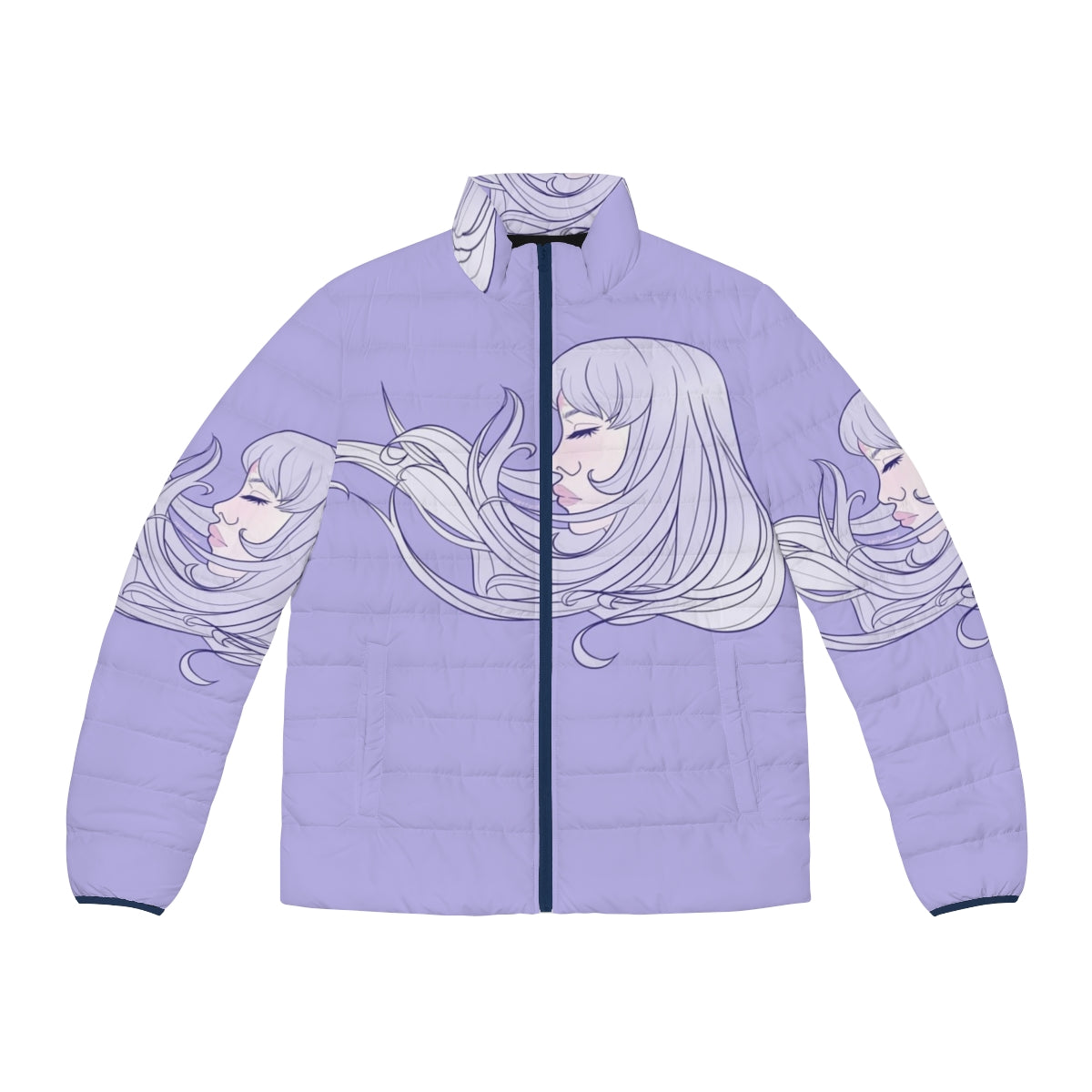 The Last Unicorn pastel purple puffer jacket with whimsical unicorn design