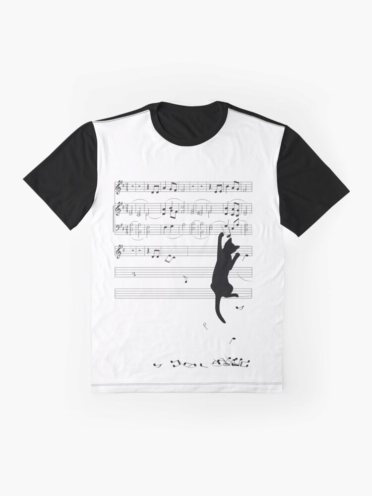 Mischievous cat silhouette playing with sheet music on a black and white graphic t-shirt design - Flat lay