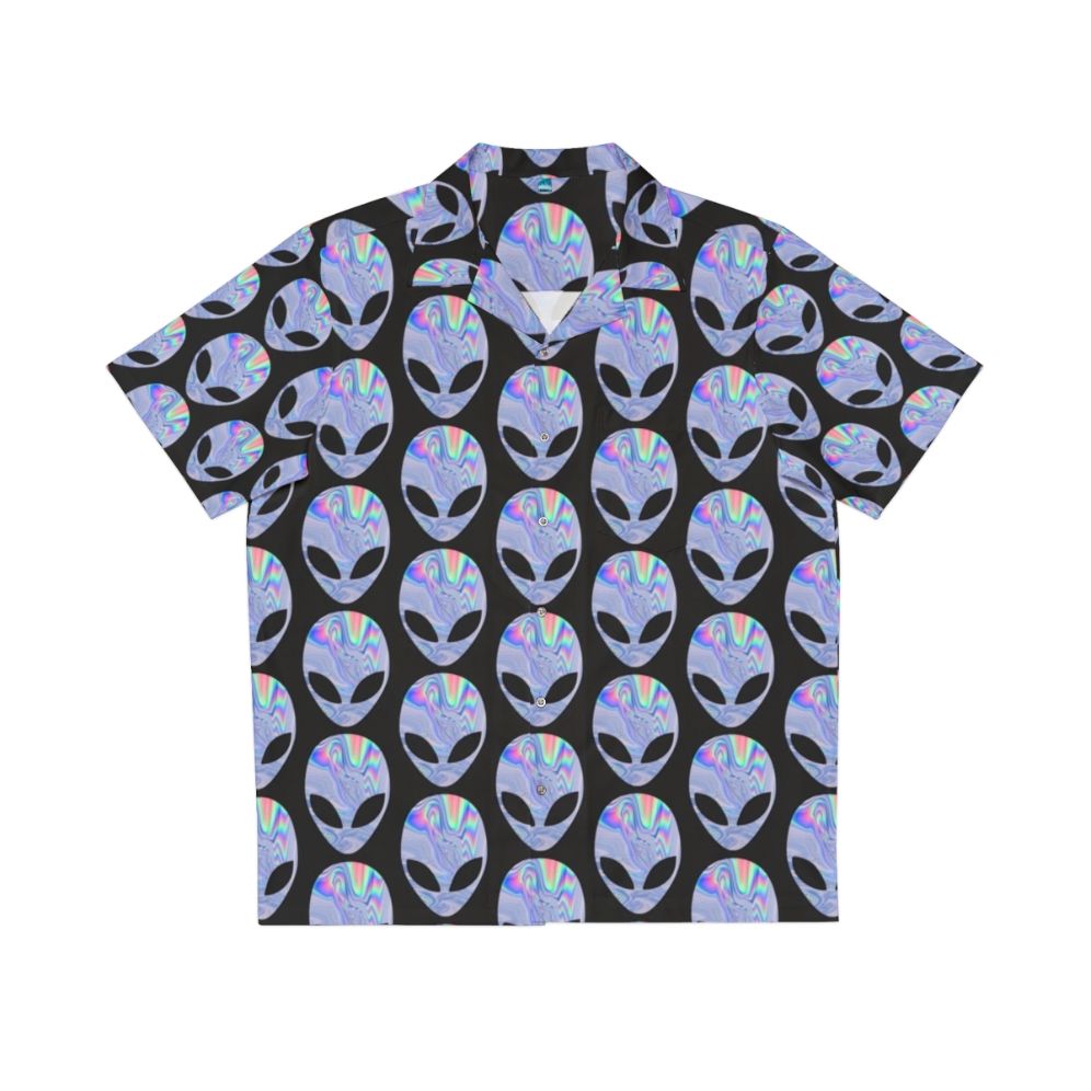 Colorful Hawaiian shirt with alien and space-themed holographic design