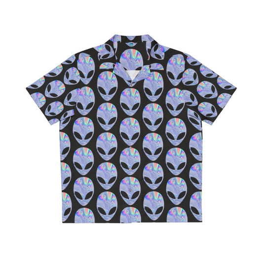 Colorful Hawaiian shirt with alien and space-themed holographic design