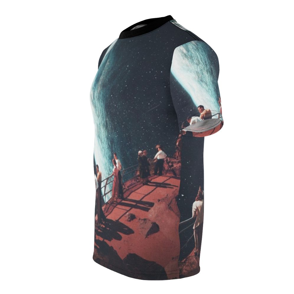 Retro future surreal collage t-shirt featuring a vintage-inspired space exploration design with planets, stars, and a sense of nostalgia. - men left