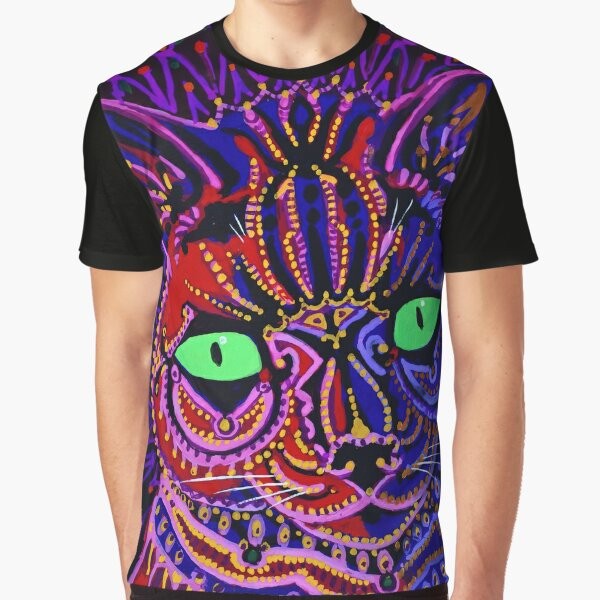 Vintage-style graphic t-shirt featuring the whimsical cat portraits of British artist Louis Wain