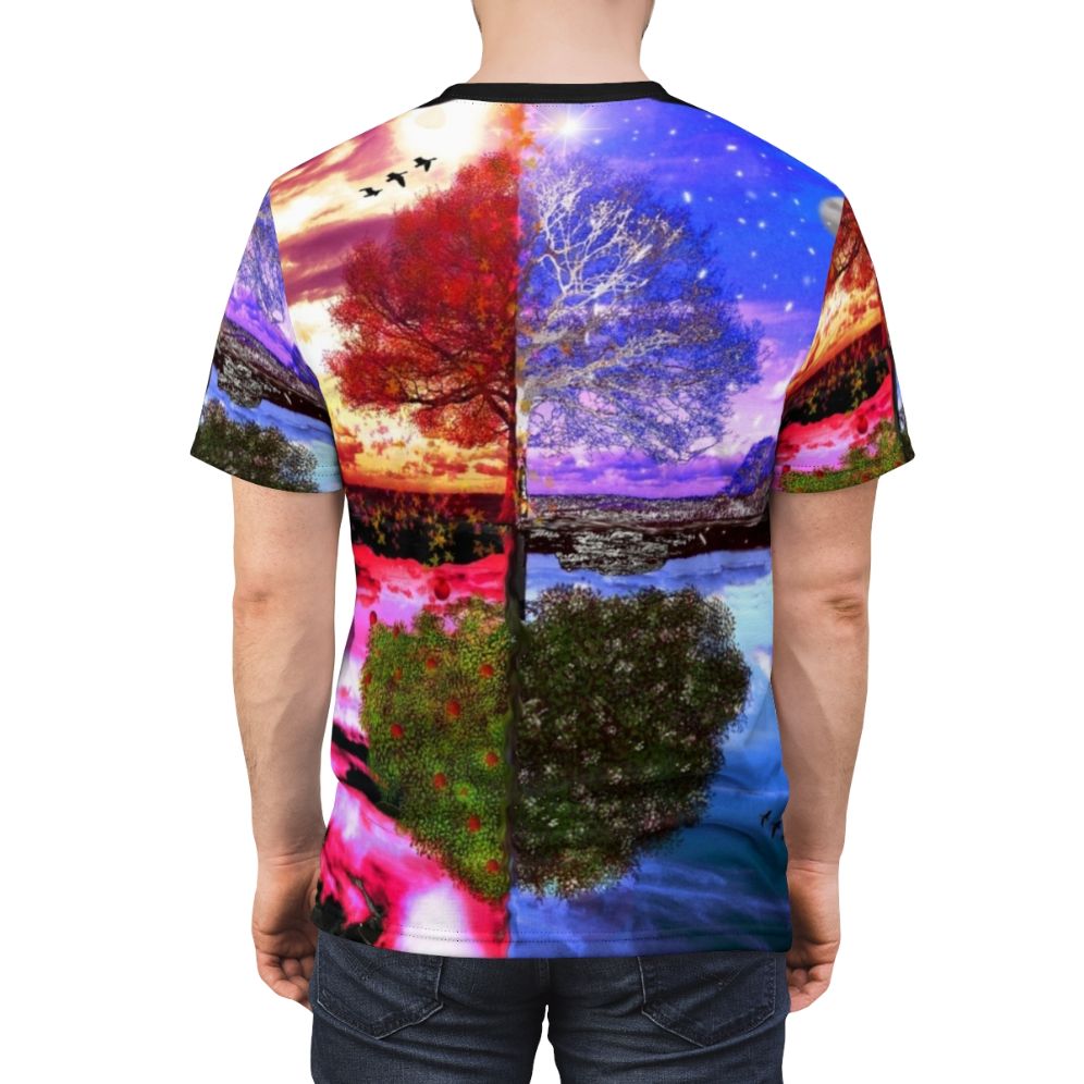 All-over-print t-shirt featuring a beautiful four seasons landscape design with a tree and natural reflection - men back