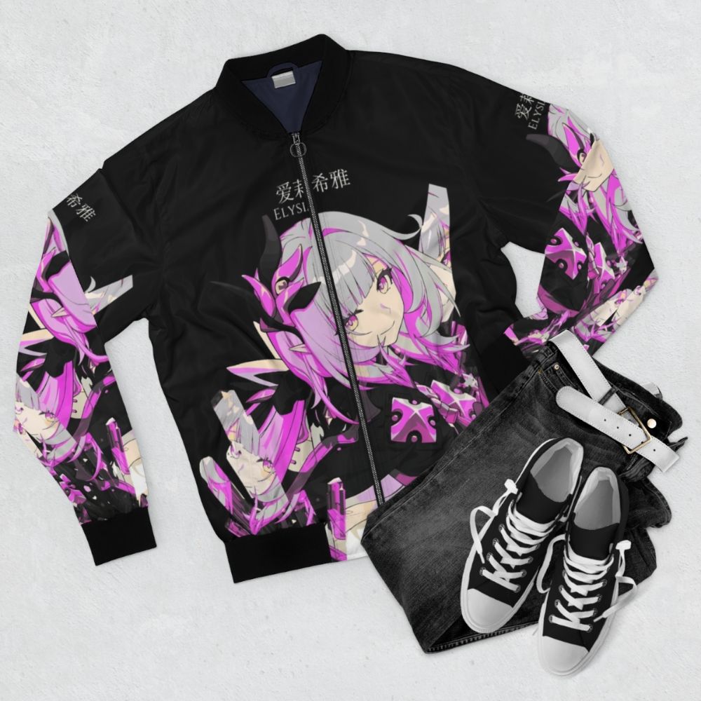 A stylish crystal-embellished bomber jacket inspired by the Honkai Impact character Elysia - Flat lay