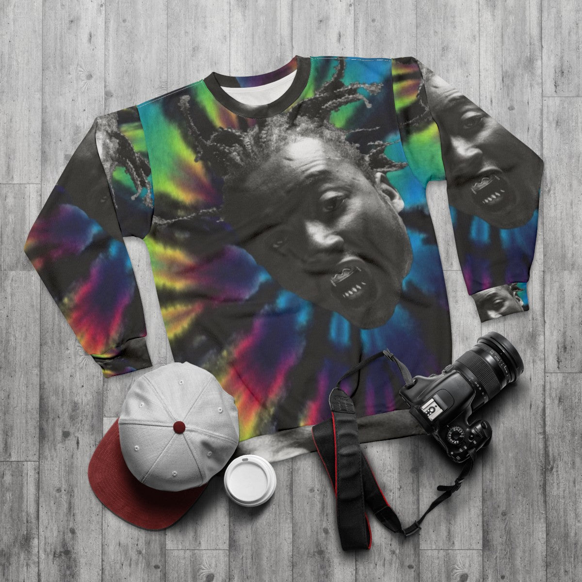 Ol Dirty Bastard Tie Dye Sweatshirt - ODB Hip Hop Vintage Clothing - flat lay