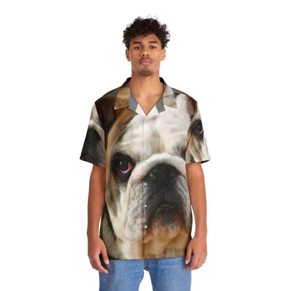 English Bulldog wearing a vibrant Hawaiian-style shirt - People Front