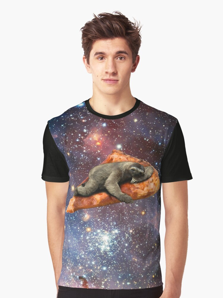 A graphic t-shirt featuring a pizza sloth floating in the galaxy - Men