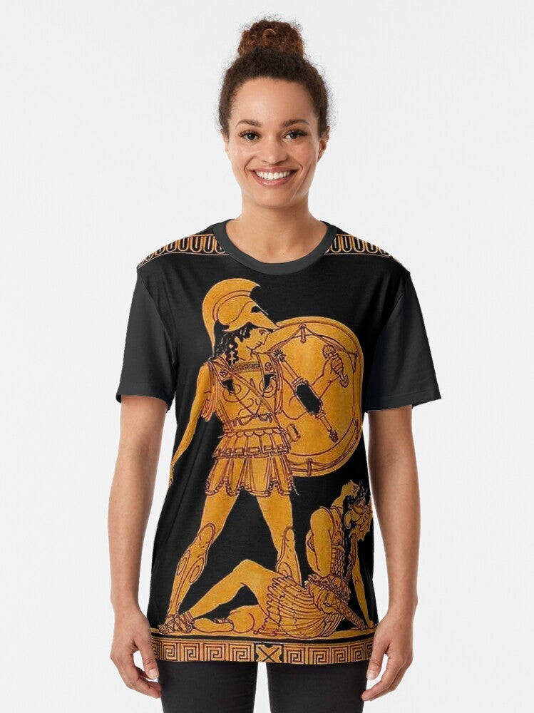 Vintage-style t-shirt design featuring ancient Greek gods and goddesses in a colorful frieze illustration - Women