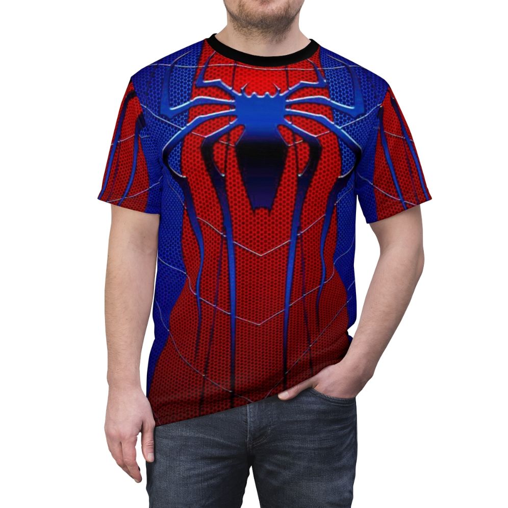 Traditional art-inspired spider web design on a high-quality t-shirt for Spider-Man fans - men front