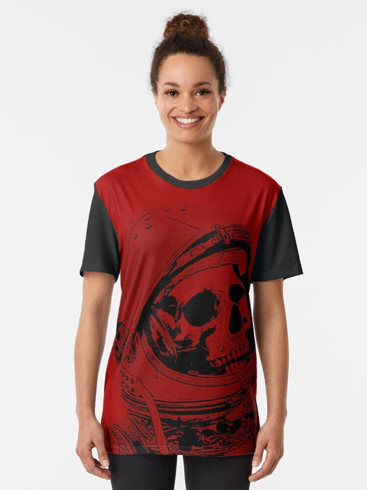 Death on Mars graphic t-shirt featuring an astronaut skull and cosmic elements - Women