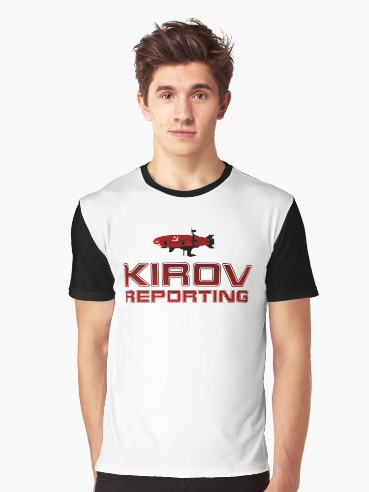 A minimalist graphic t-shirt design with the text "Kirov Reporting" in a simple typographic style, evoking the classic video game Red Alert. - Men