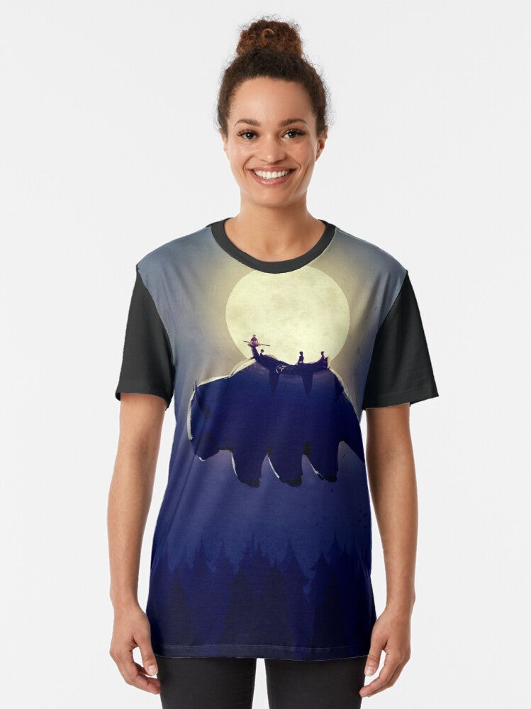 Avatar: The Last Airbender night version graphic t-shirt featuring Appa, Aang, Katara, Sokka, Zuko, and Toph - Women