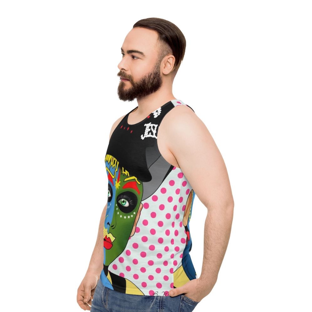 Leigh Bowery Inspired Unisex Tank Top with Vibrant Pop Art Graphic - men side