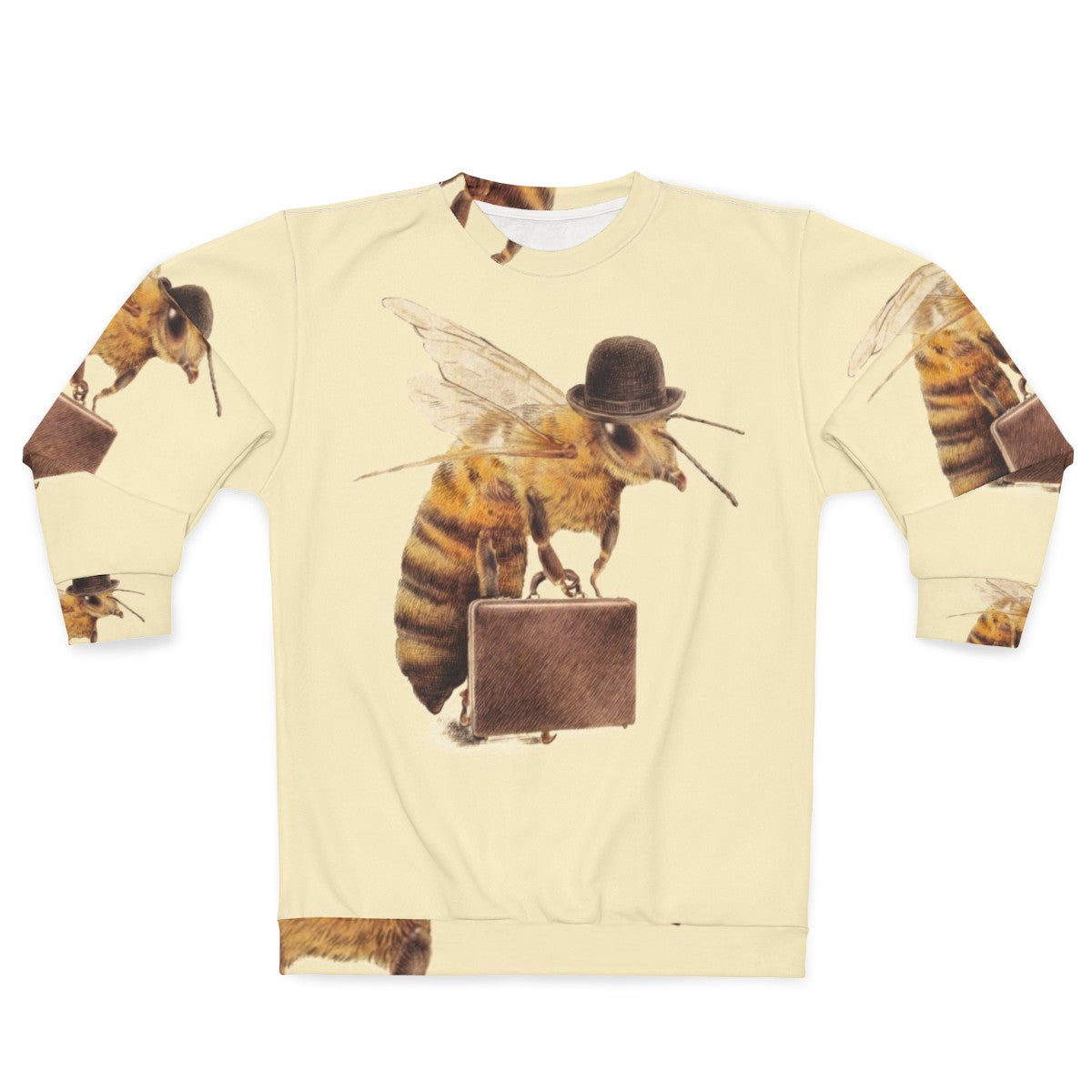 A worker bee sweatshirt featuring a surreal digital illustration of a bee wearing a bowler hat and carrying a briefcase.