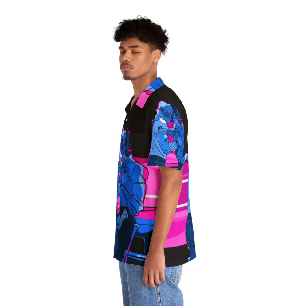 Vibrant blue hawaiian shirt with tropical floral patterns - People Left