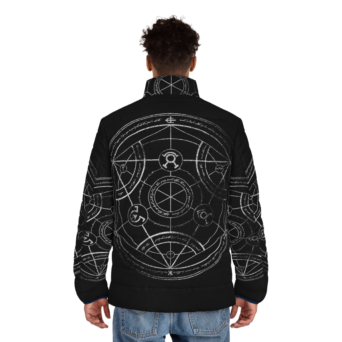 Fullmetal Alchemist inspired puffer jacket with hand-drawn human transmutation circle - men back