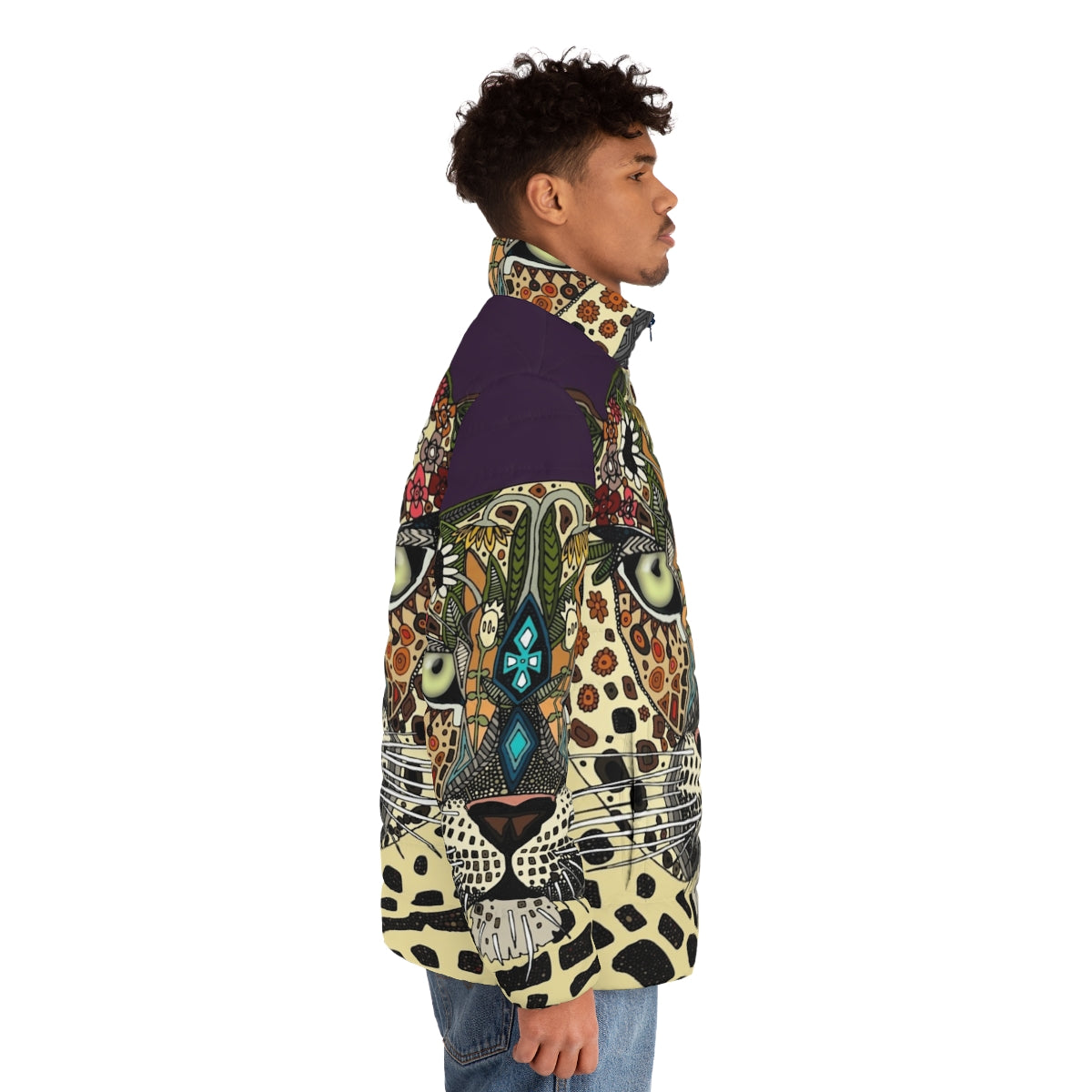 Leopard print puffer jacket with floral and botanical design - men side right