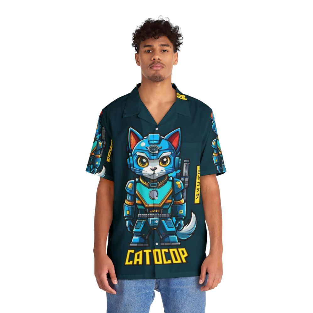 Catocop Futuristic Hawaiian Shirt featuring a crime fighting cat police officer in a sci-fi inspired cartoon design - People Front