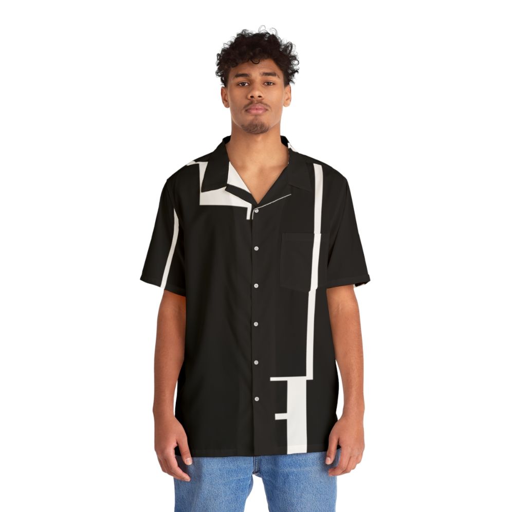 Bauhaus inspired Hawaiian shirt with geometric black and white pattern - People Front