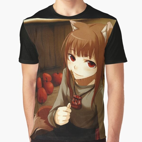 Horo, the wise wolf from the anime Spice and Wolf, featured on a graphic t-shirt design.