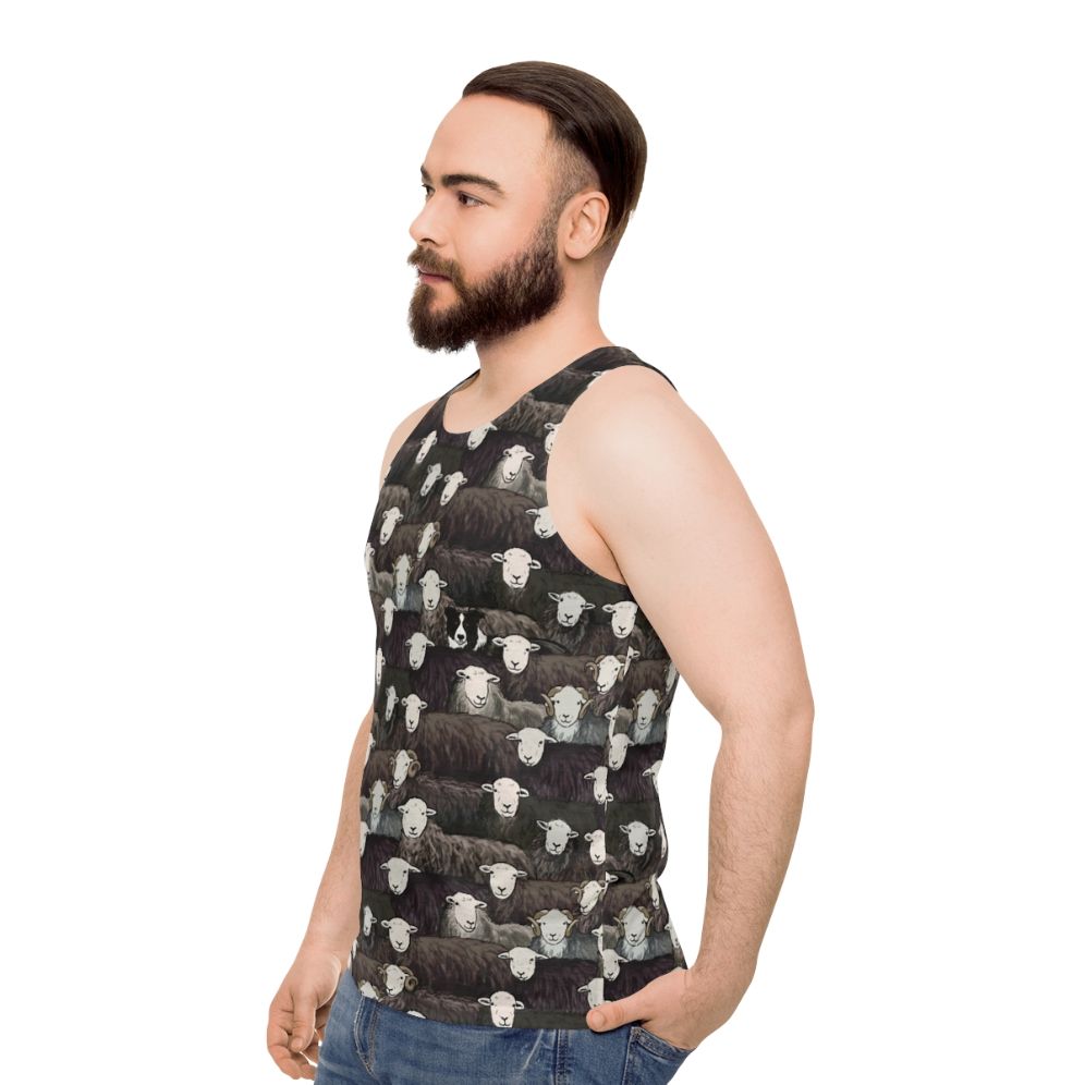 Herdwick Unisex Tank Top with Sheepdog and Farm Landscape Design - men side