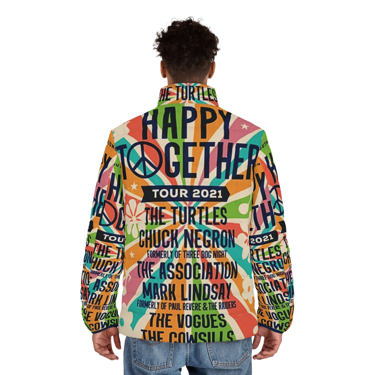 The Happy Together Tour 2021 Puffer Jacket, featuring a cozy design perfect for music festivals and outdoor adventures - men back