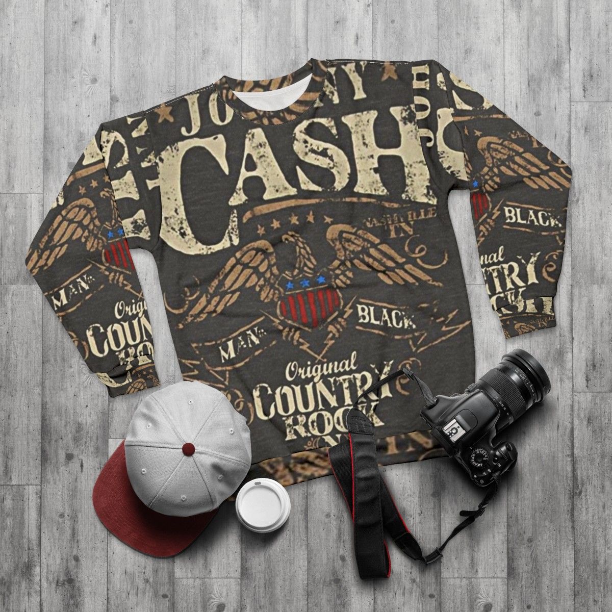 Johnny Cash Country Rock and Roll Retro Sweatshirt - flat lay