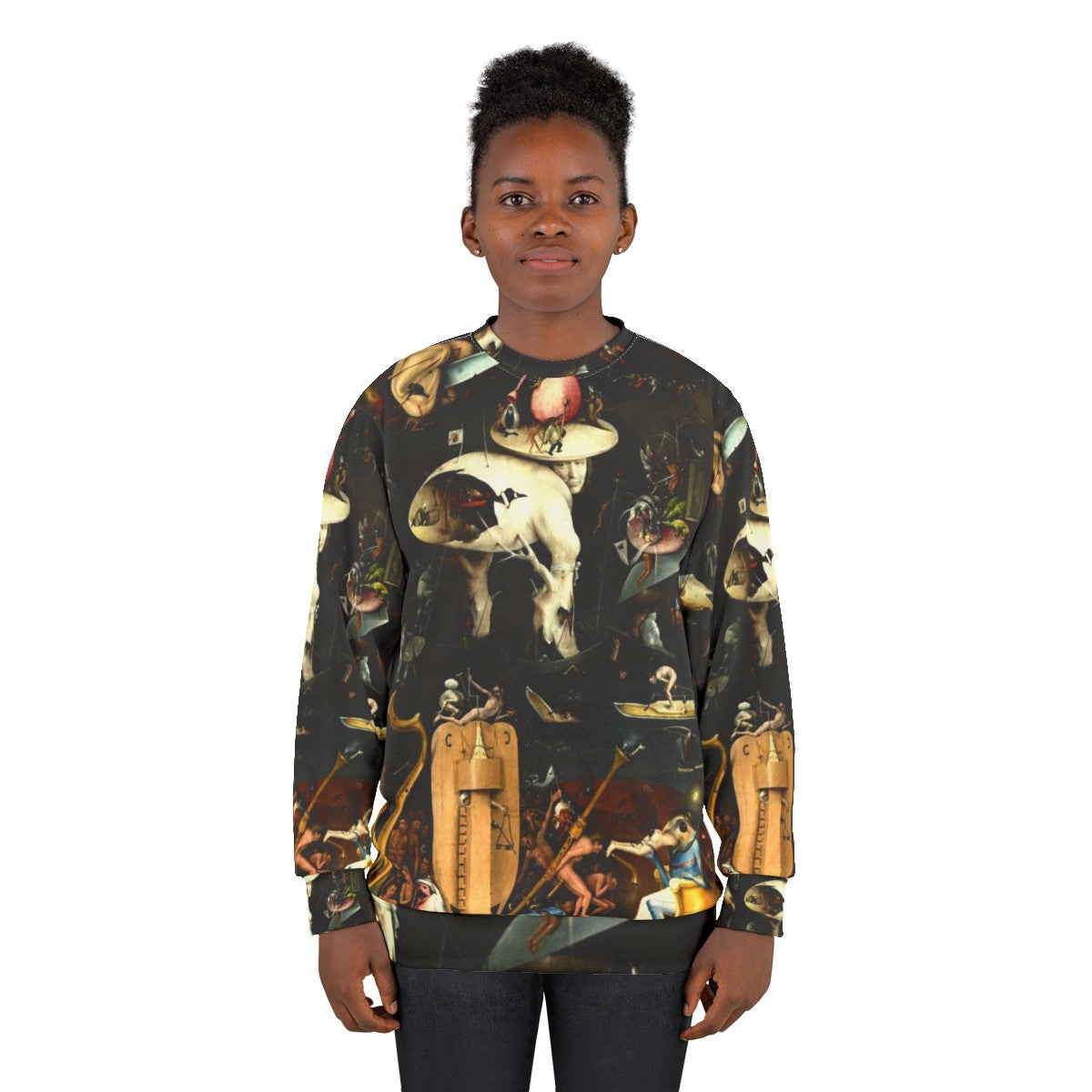 Hieronymus Bosch inspired "Hell" sweatshirt featuring surreal and dark fantasy elements - women