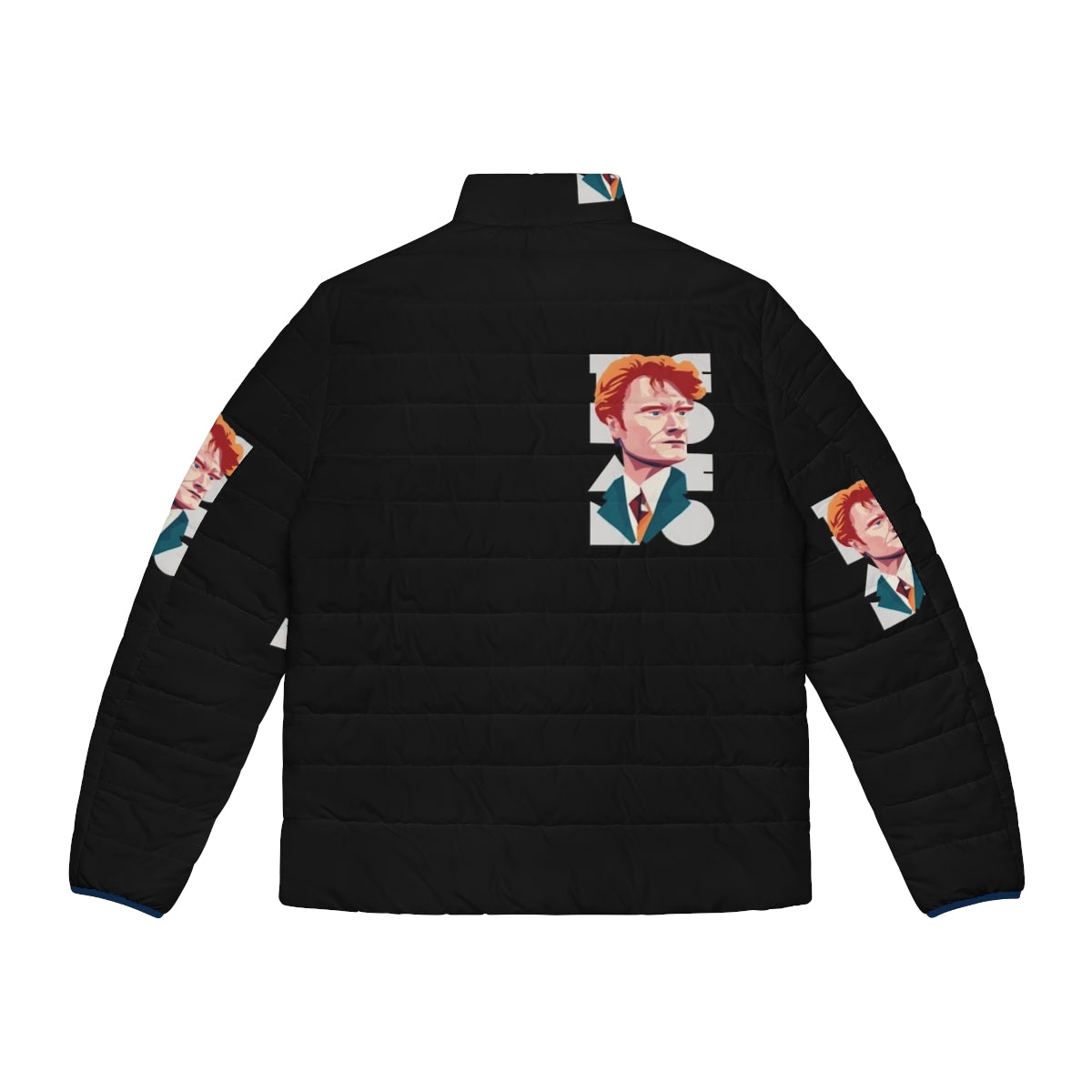 Team Coco Puffer Jacket featuring a funny caricature portrait of Conan O'Brien in a vintage style design - Back