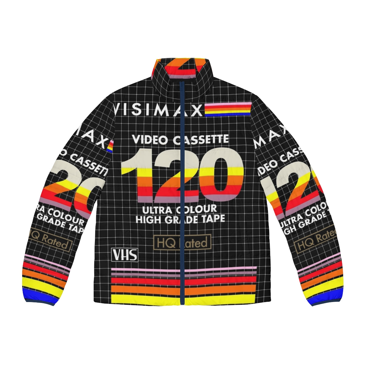 Retro VHS puffer jacket with vintage video cassette design