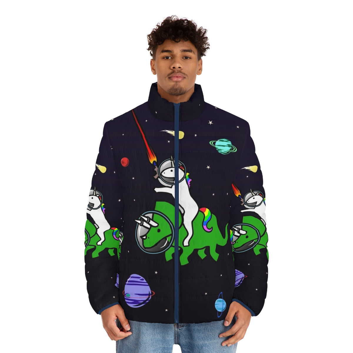 A whimsical puffer jacket featuring a unicorn riding a triceratops in an outer space setting - men front