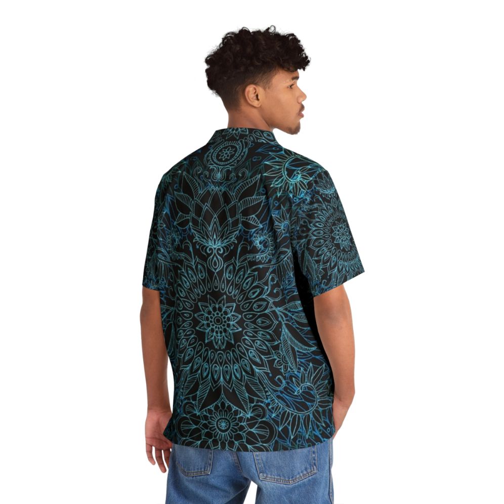 Black Teal Aqua Protea Doodle Pattern Hawaiian Shirt - People Back